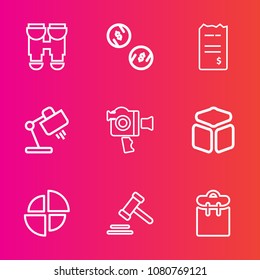 Premium set with outline vector icons. Such as film, law, square, lawyer, table, bill, travel, pie, pay, bank, cube, coin, money, business, currency, reflection, video, technology, equipment, paper