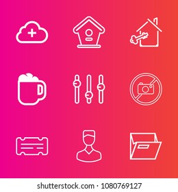 Premium set with outline vector icons. Such as cafe, folder, key, agent, ticket, house, box, business, forbidden, drink, wooden, internet, profile, entertainment, paper, equality, tree, hot, bird, mug