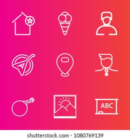 Premium set with outline vector icons. Such as instrument, musical, black, bomb, scoop, boy, nuclear, board, male, cold, string, cream, success, medal, building, web, house, sweet, falling, blackboard