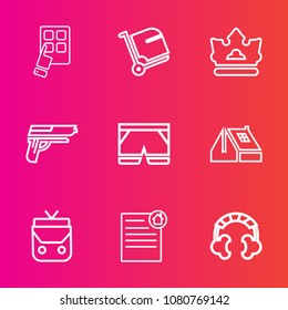 Premium set with outline vector icons. Such as pistol, handgun, royal, document, suitcase, contract, luggage, business, technology, tourism, shorts, communication, device, bag, weapon, internet, real