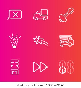 Premium set with outline vector icons. Such as old, player, button, dumper, key, relocation, star, white, shiny, traffic, rewind, package, lorry, drink, transportation, closed, business, web, dump