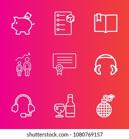 Premium set with outline vector icons. Such as success, drink, checklist, piggy, investment, microphone, package, bank, progress, call, fire, development, money, danger, cargo, red, headphone, box