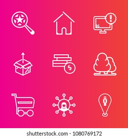 Premium set with outline vector icons. Such as new, building, shop, cart, bank, property, search, magnifying, sign, coin, communication, home, map, cash, house, business, look, find, monitor, web, box