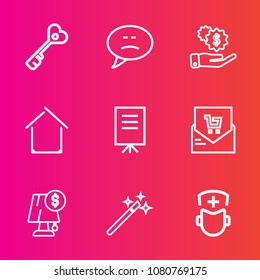Premium set with outline vector icons. Such as home, doctor, house, list, hospital, finance, lock, people, magic, talk, retail, dollar, investment, building, interior, presentation, unlock, magician
