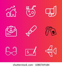 Premium set with outline vector icons. Such as increase, check, property, war, bomb, home, price, travel, water, mail, fashion, weapon, juice, glasses, snorkel, summer, cocktail, pay, glass, mask, pen
