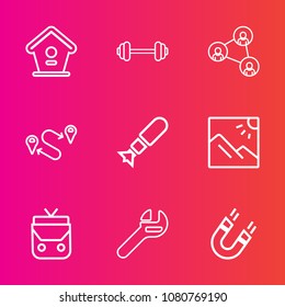 Premium set with outline vector icons. Such as landscape, pole, house, screen, communication, wood, physical, bomb, workout, gym, war, branch, display, leather, map, fashion, falling, birdhouse, tool