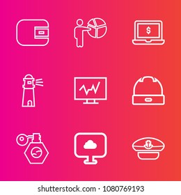 Premium set with outline vector icons. Such as water, cash, meeting, cap, money, diagnostic, ocean, business, light, cloud, fashion, doctor, presentation, wallet, perfume, captain, bottle, hat, laptop