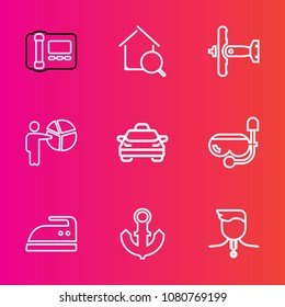 Premium set with outline vector icons. Such as competition, communication, aircraft, success, nautical, military, iron, airplane, estate, people, businessman, ironing, business, anchor, taxi, house