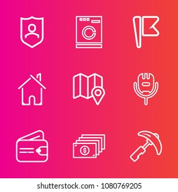 Premium set with outline vector icons. Such as household, guard, purse, appliance, clothes, secure, equipment, protect, flag, national, machine, architecture, crane, america, cash, shield, finance