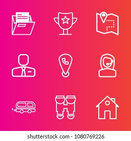 Premium set with outline vector icons. Such as estate, center, headset, vision, open, bus, employee, view, phone, location, home, win, empty, real, people, achievement, folder, employer, prize, house