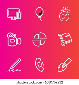 Premium set with outline vector icons. Such as temperature, bag, birthday, banking, chart, equipment, white, video, mobile, pen, graph, balloon, buy, shopping, party, hand, technology, bank, business