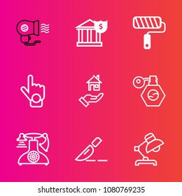 Premium set with outline vector icons. Such as electric, perfume, dryer, tool, beauty, finance, business, banking, property, fan, phone, hair, telephone, person, surgery, hot, gesture, doctor, roll