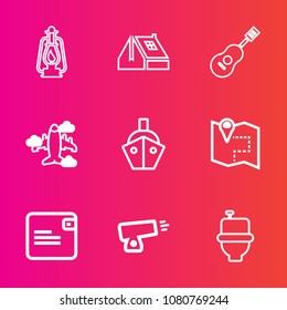 Premium set with outline vector icons. Such as business, road, transport, gun, home, vessel, window, money, dollar, lantern, wallet, architecture, sea, kerosene, sound, map, toilet, roof, lamp, flame