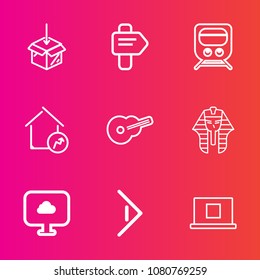 Premium set with outline vector icons. Such as sign, train, arrow, business, real, railway, mortgage, egyptian, button, travel, rail, music, pharaoh, egypt, home, road, price, web, ancient, direction