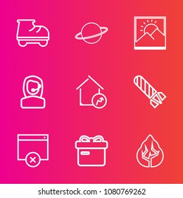 Premium set with outline vector icons. Such as danger, call, real, office, increase, park, white, home, landscape, sign, house, explosion, bomb, fun, business, tree, leisure, orbit, planet, ribbon