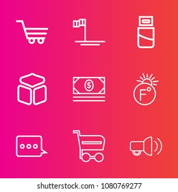 Premium set with outline vector icons. Such as thermometer, communication, fahrenheit, money, ocean, usb, mexico, cart, plug, baja, sea, cortes, technology, view, message, store, white, cube, square