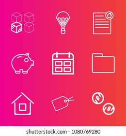 Premium set with outline vector icons. Such as cardboard, timetable, web, female, package, time, home, people, business, extreme, money, file, parachute, currency, contract, transfer, skydiver, sky