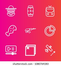 Premium set with outline vector icons. Such as time, happy, player, head, watch, meal, file, clock, flight, airplane, food, chicken, modern, bag, character, style, machine, funny, pie, army, gun, hour