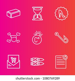 Premium set with outline vector icons. Such as military, gun, horizontal, sand, fashion, timer, time, supermarket, hourglass, scale, house, real, weapon, watch, brick, estate, man, contract, bill, rod