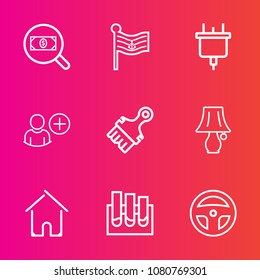 Premium set with outline vector icons. Such as estate, electric, country, america, power, flag, user, switch, banner, red, medical, architecture, account, medicine, technology, plug, electricity, sign