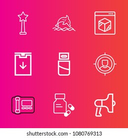 Premium set with outline vector icons. Such as pharmacy, medical, computer, nature, stationary, speaker, megaphone, usb, concept, winner, ocean, vitamin, business, phone, medicine, internet, success