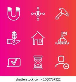 Premium set with outline vector icons. Such as construction, south, user, house, sea, time, bank, estate, chat, nature, seedling, equipment, clock, pole, hour, delete, tree, dollar, buoy, north, water
