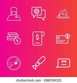 Premium set with outline vector icons. Such as money, addiction, uniform, blue, luggage, bank, man, water, bomb, porter, service, hotel, wild, nature, chat, cash, bellhop, face, communication, mobile