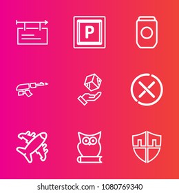 Premium set with outline vector icons. Such as metal, billboard, delivery, road, machine, transport, tin, can, military, white, blank, board, no, advertising, container, street, cancel, protection
