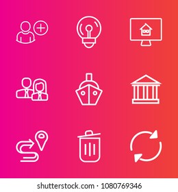 Premium set with outline vector icons. Such as can, people, reload, electric, light, tourism, lamp, road, person, vessel, worker, account, property, garbage, network, user, greece, navigation, map