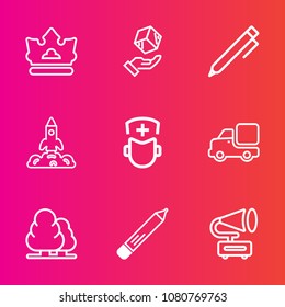 Premium set with outline vector icons. Such as vehicle, medicine, crown, box, truck, write, transportation, queen, lorry, king, delivery, shipping, pencil, cargo, care, stationery, doctor, rocket, pen