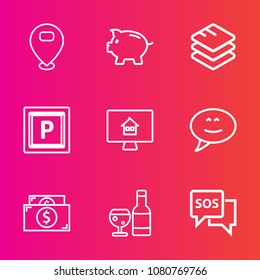Premium set with outline vector icons. Such as safety, online, piggy, property, economy, glass, banking, vehicle, business, investment, house, chat, information, help, bank, transport, road, bubble