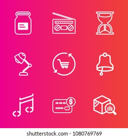 Premium set with outline vector icons. Such as card, media, volume, report, clock, sand, note, metal, packaging, play, money, cart, lamp, container, statistic, audio, light, player, ring, trend, alarm