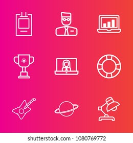 Premium set with outline vector icons. Such as retro, competition, computer, account, orbit, badge, planet, interior, laptop, music, championship, home, user, call, victory, musical, communication