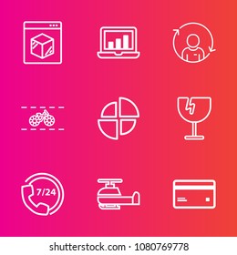 Premium set with outline vector icons. Such as person, help, card, quality, aviation, glass, destruction, transportation, business, bar, bicycle, operator, computer, data, chart, profile, crash, debit