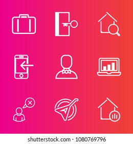 Premium set with outline vector icons. Such as online, profile, bag, laptop, mobile, phone, safety, instrument, escape, search, graphic, tourism, home, transfer, travel, technology, exit, baggage, web