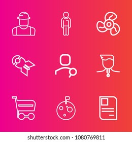 Premium set with outline vector icons. Such as business, war, engineer, helmet, person, air, weapon, work, medal, id, ventilator, male, cool, personal, winner, nuclear, buy, space, worker, flag, gold