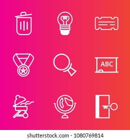 Premium set with outline vector icons. Such as door, lightbulb, garbage, grill, bin, world, blackboard, prize, search, lamp, ecology, concept, recycle, success, find, magnifying, meat, ticket, win