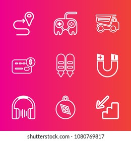 Premium set with outline vector icons. Such as pole, dump, background, sound, tipper, card, travel, downstairs, heavy, music, east, field, computer, magnetic, up, north, dumper, technology, web, route