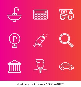 Premium set with outline vector icons. Such as tipper, mathematics, chrome, europe, urban, gold, dump, accounting, hygiene, clean, car, transport, medal, success, water, heavy, search, lot, sky, sink