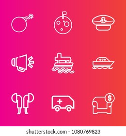 Premium set with outline vector icons. Such as technology, yacht, hat, nuclear, couch, sailor, car, furniture, medical, attack, destruction, loud, flag, moon, captain, bomb, planet, star, ambulance