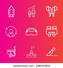 Premium set with outline vector icons. Such as green, medieval, mask, profile, operation, summer, architecture, snorkel, environment, water, wood, nature, refresh, landscape, growth, development, pine