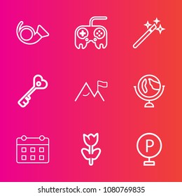 Premium set with outline vector icons. Such as schedule, vehicle, blossom, floral, timetable, spring, flower, time, world, globe, magic, button, background, jazz, map, wand, nature, road, planet, day