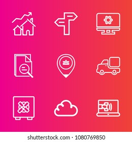 Premium set with outline vector icons. Such as choice, web, security, house, zoom, business, tool, property, estate, map, work, location, truck, lorry, internet, call, job, magnifying, safe, way, sign