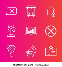 Premium set with outline vector icons. Such as city, summer, music, id, nature, chat, tropical, property, no, chart, construction, palm, travel, urban, bus, web, cancel, apartment, closed, card, retro