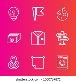 Premium set with outline vector icons. Such as washer, center, door, money, stick, electricity, astronaut, dont, idea, doorknob, light, radius, space, america, hanger, innovation, tshirt, housework