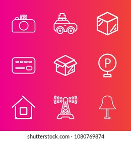 Premium set with outline vector icons. Such as light, building, box, vehicle, electricity, new, interior, radio, photography, film, camera, sign, home, credit, balance, car, architecture, urban, lens