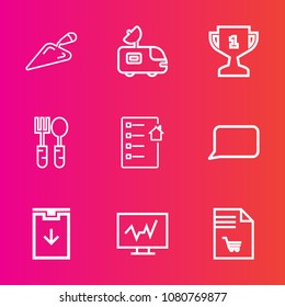 Premium set with outline vector icons. Such as tv, technology, tool, fork, supermarket, medical, hammer, antenna, diagnostic, market, sign, notebook, van, achievement, contract, news, estate, spoon