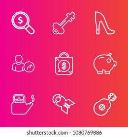 Premium set with outline vector icons. Such as lock, music, weapon, vintage, money, account, door, bank, female, retro, finance, sale, high, steam, security, kitchen, business, war, cash, key, musical