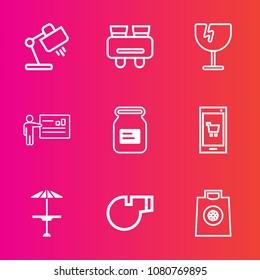 Premium set with outline vector icons. Such as window, modern, referee, container, can, buy, glass, gift, view, mobile, online, whistle, pub, home, vision, destruction, aluminum, decoration, tin, lamp