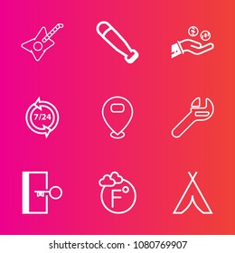Premium set with outline vector icons. Such as guitar, baseball, hand, support, exit, bat, sport, door, call, team, operator, tool, concert, fahrenheit, white, money, tent, help, spanner, play, repair